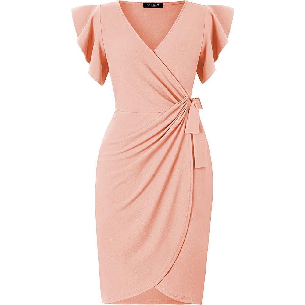 oten size small V Neck Ruffle Sleeve Sheath Casual Cocktail Party Work Faux Wrap - Picture 2 of 6